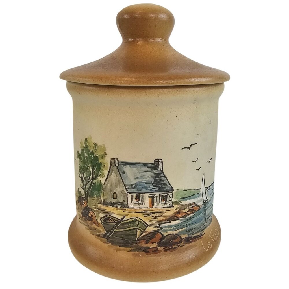 Vtg Hand‎ Painted Stoneware Lidded Jar French Country Coastal Cottage Pottery